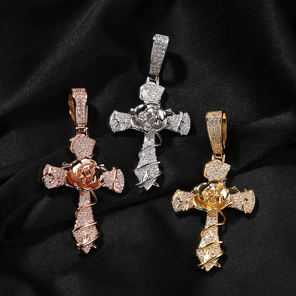 Copper set 5A zirconia rose cross pendant necklace - MERGE.DAY.1.FREESTYLE
