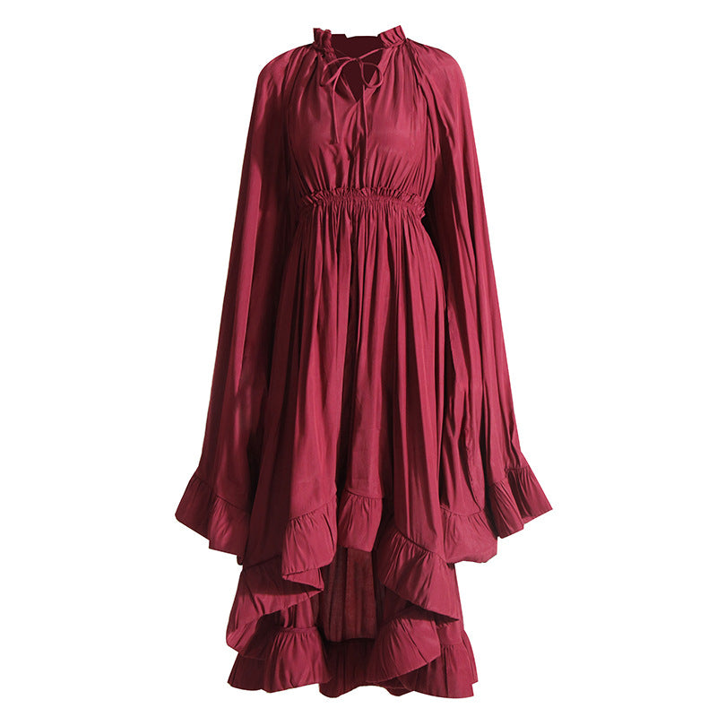 French Palace Style V-Neck Long Sleeve Shawl Pleated Ruffle Dress - MERGE.DAY.1.FREESTYLE