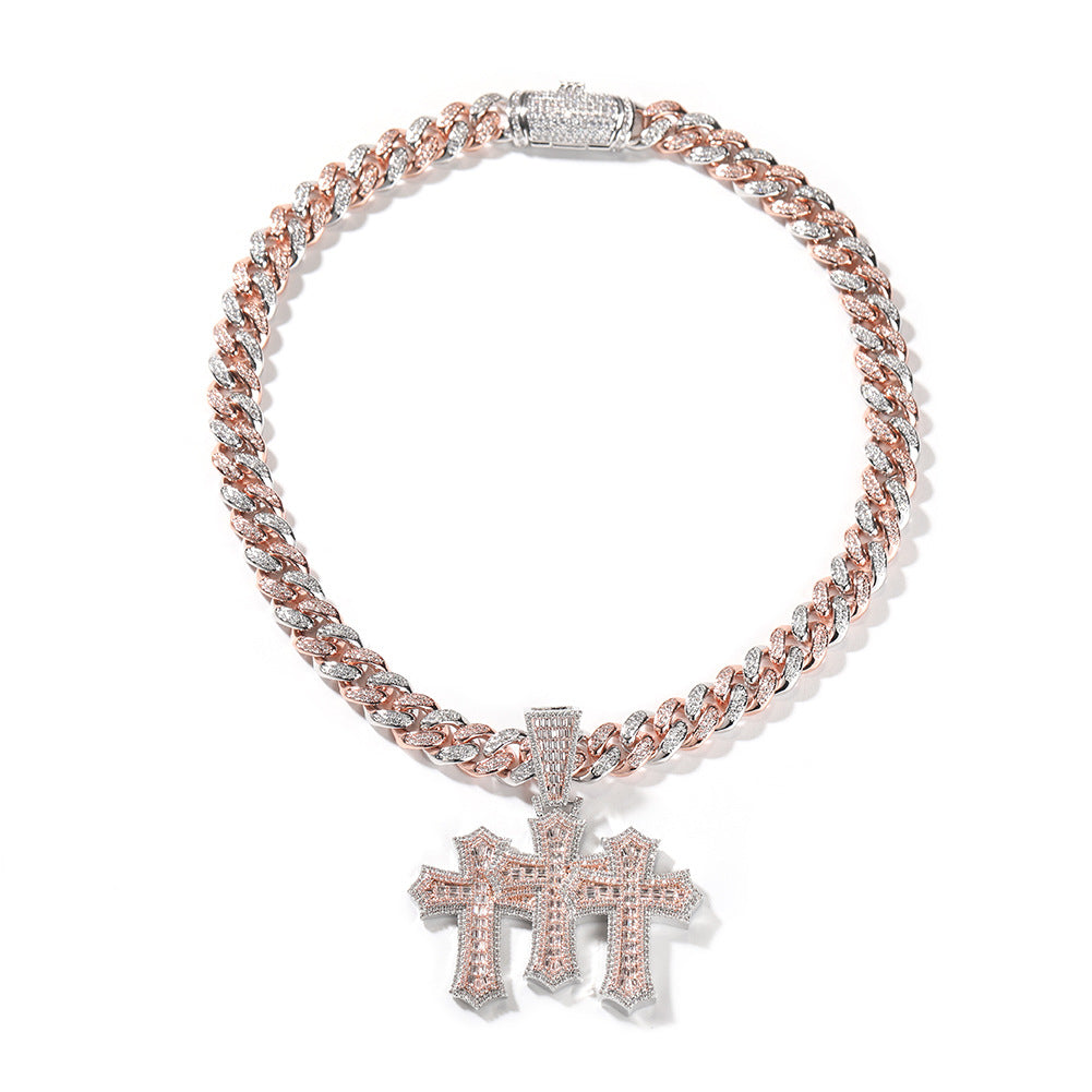 Hip-hop diamond-encrusted zircon three-cross Cuban necklace - MERGE.DAY.1.FREESTYLE