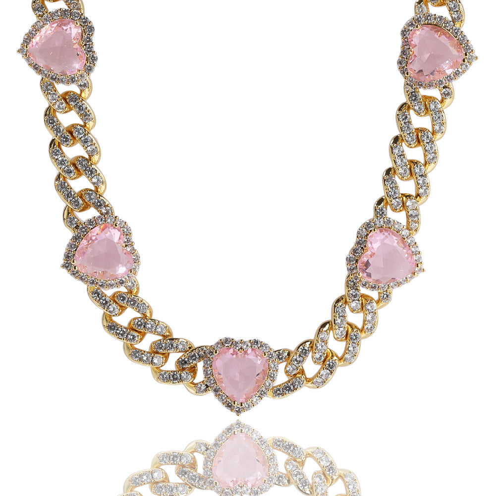 Heart Diamond Necklace Hip Hop 9MM Pink Zircon Cuban Chain - MERGE.DAY.1.FREESTYLE