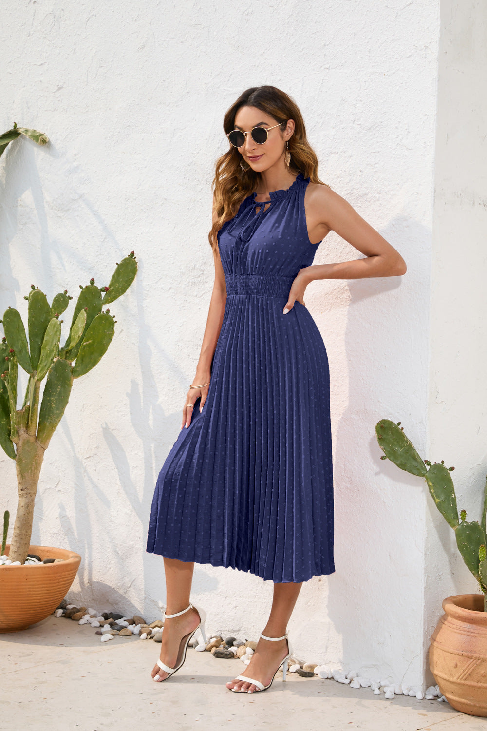 Tie High Waist Pleated Pom Dress Sleeveless Summer Dress - MERGE.DAY.1.FREESTYLE