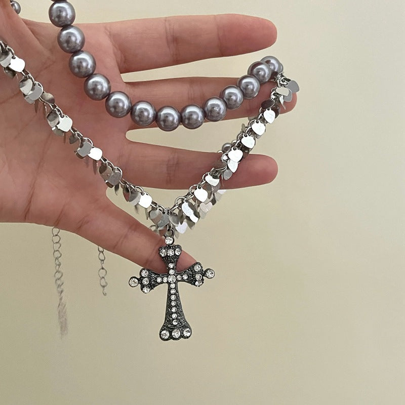 rosary necklace Gray pearl cross necklace - MERGE.DAY.1.FREESTYLE
