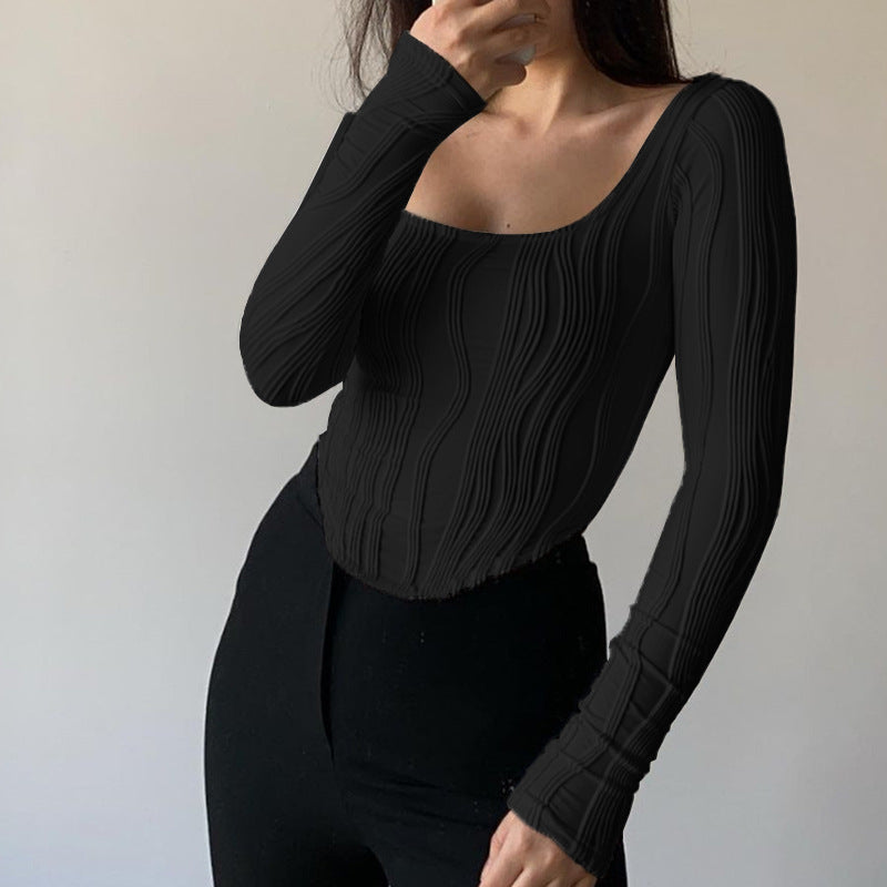 Autumn & Winter long-sleeved U-neck water ripple slim fit top T-shirt - MERGE.DAY.1.FREESTYLE