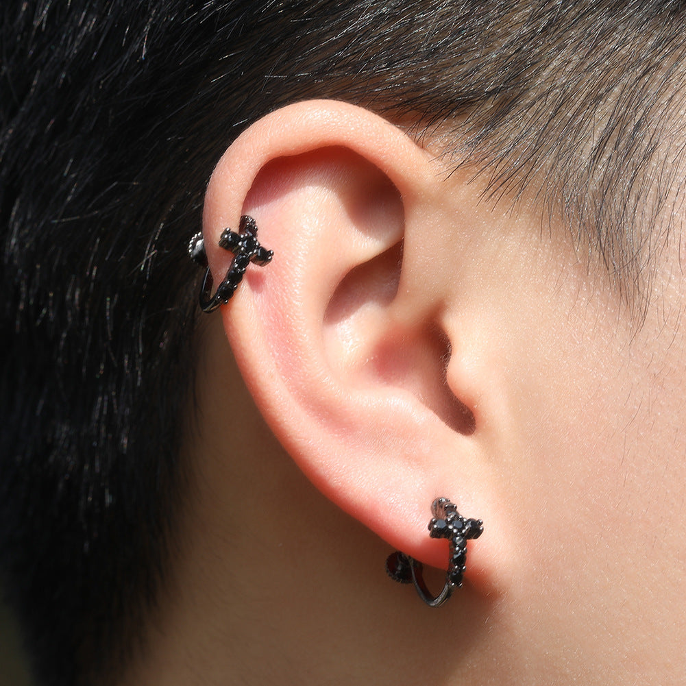 Hip Hop Zircon Black Spiral Clasp Cross Earrings - MERGE.DAY.1.FREESTYLE