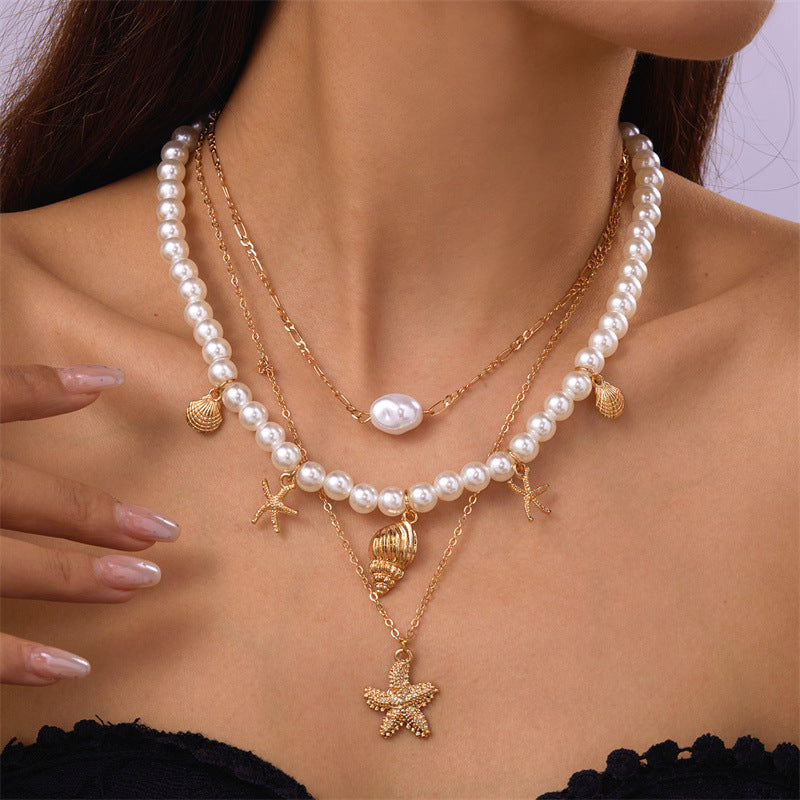 starfish necklace pearl multi-layer stacking necklace - MERGE.DAY.1.FREESTYLE
