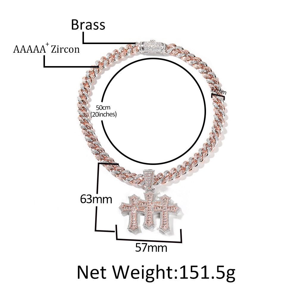 Hip-hop diamond-encrusted zircon three-cross Cuban necklace - MERGE.DAY.1.FREESTYLE