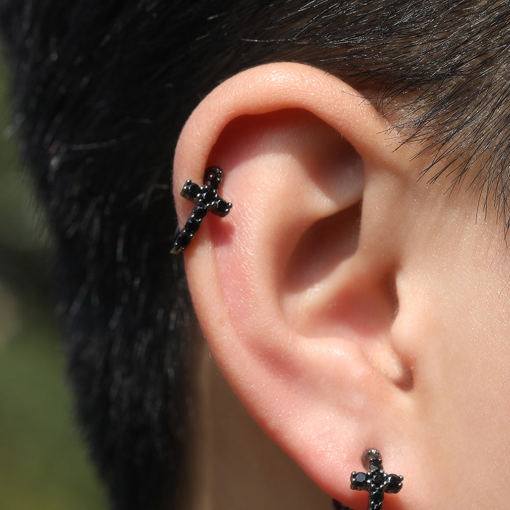 Hip Hop Zircon Black Spiral Clasp Cross Earrings - MERGE.DAY.1.FREESTYLE