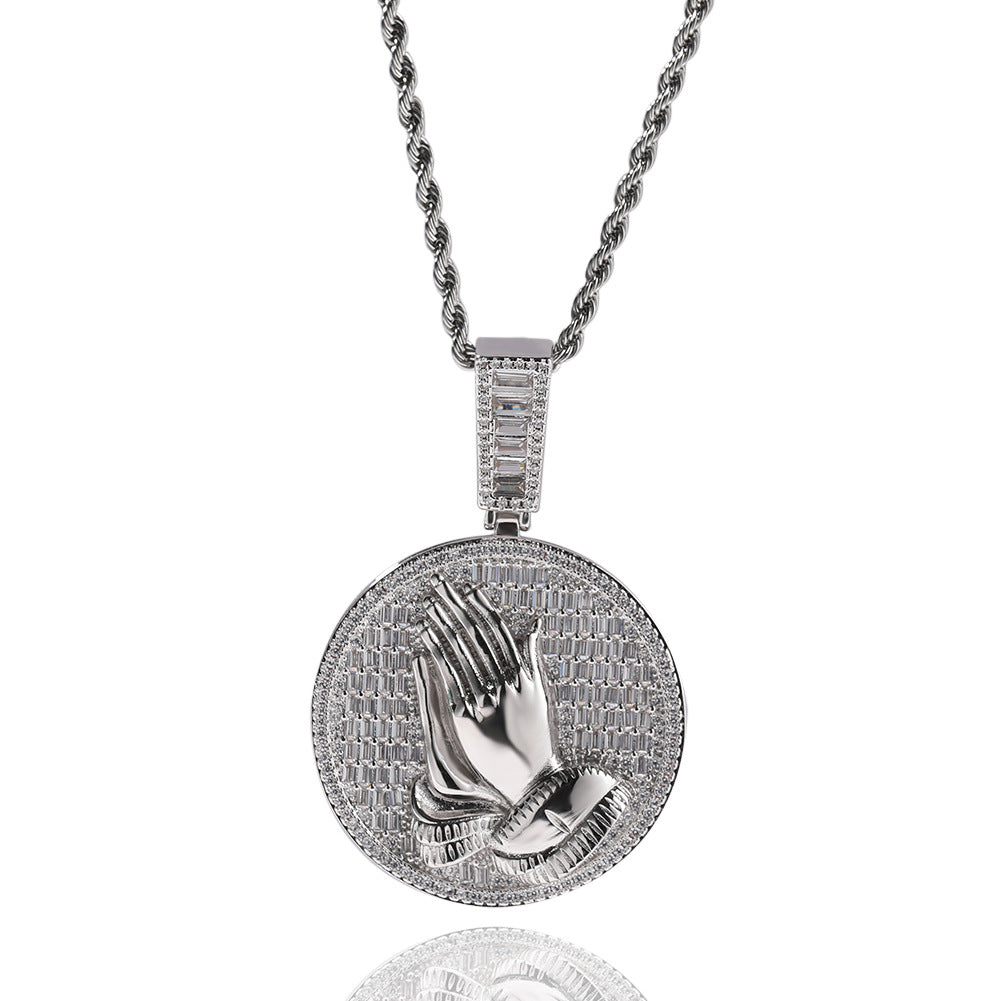 Hip-hop round disc zircon-encrusted praying hands pendant - MERGE.DAY.1.FREESTYLE