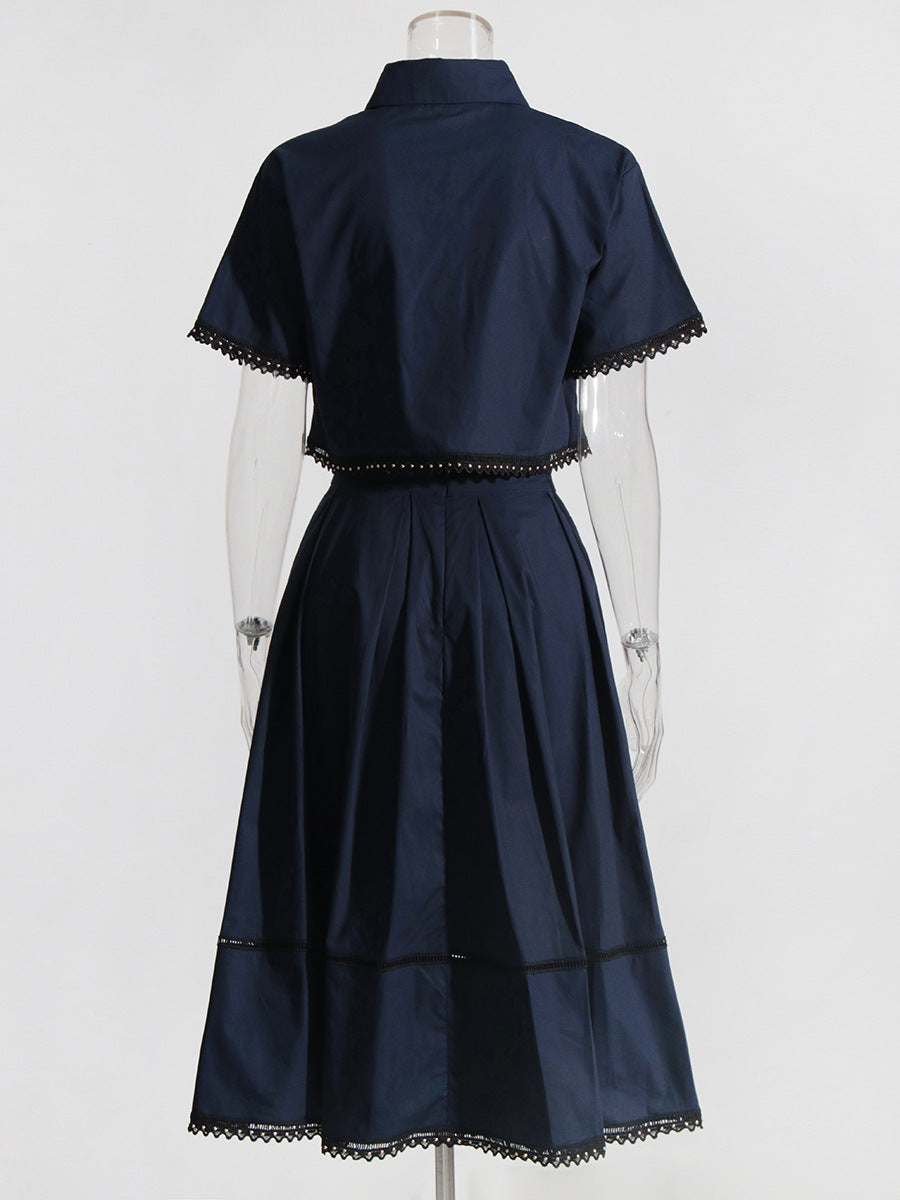 Lapel short-sleeved shirt + skirt lace embroidery two-piece suit for women - MERGE.DAY.1.FREESTYLE