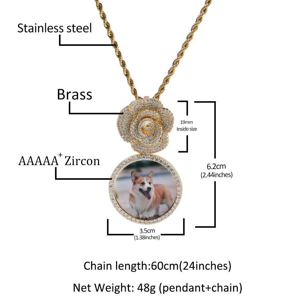 Copper Zircon Round DIY Photo Pendant Rose Button Diamond Necklace - MERGE.DAY.1.FREESTYLE