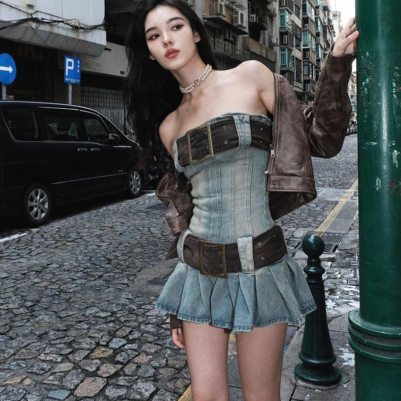 2023 summer detachable belt denim pleated bandeau denim dress - MERGE.DAY.1.FREESTYLE