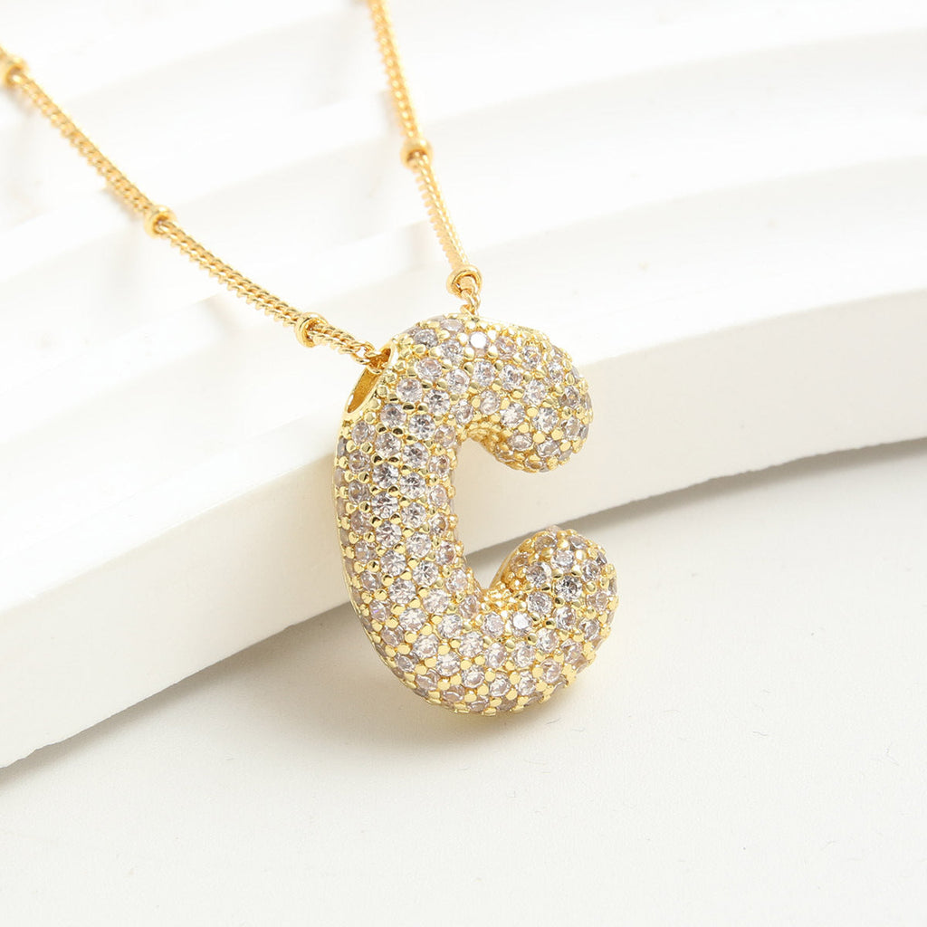 Bubble Initial Necklace 14k Gold Plated Cubic Zirconia - MERGE.DAY.1.FREESTYLE