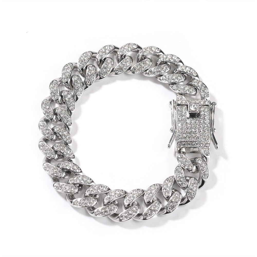 Hip-Hop 12mm Diamond-Encrusted Cuban Chain Bracelet - MERGE.DAY.1.FREESTYLE