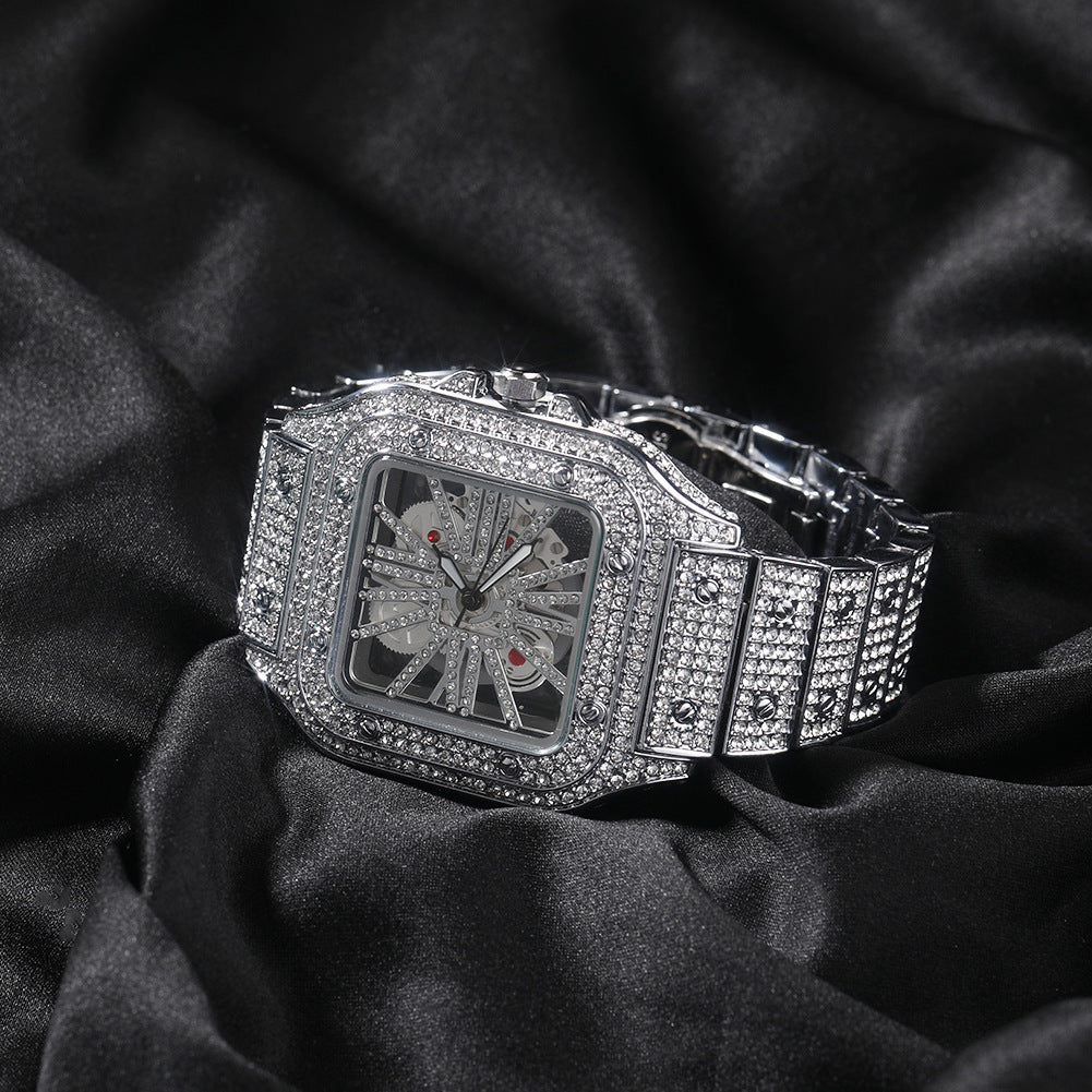 Hip-hop diamond-encrusted hollowed-out square watch - MERGE.DAY.1.FREESTYLE