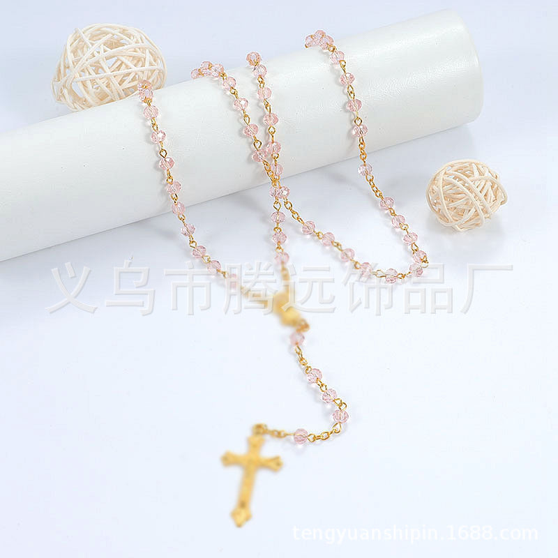 rosary necklace colorful pink crystal necklace - MERGE.DAY.1.FREESTYLE