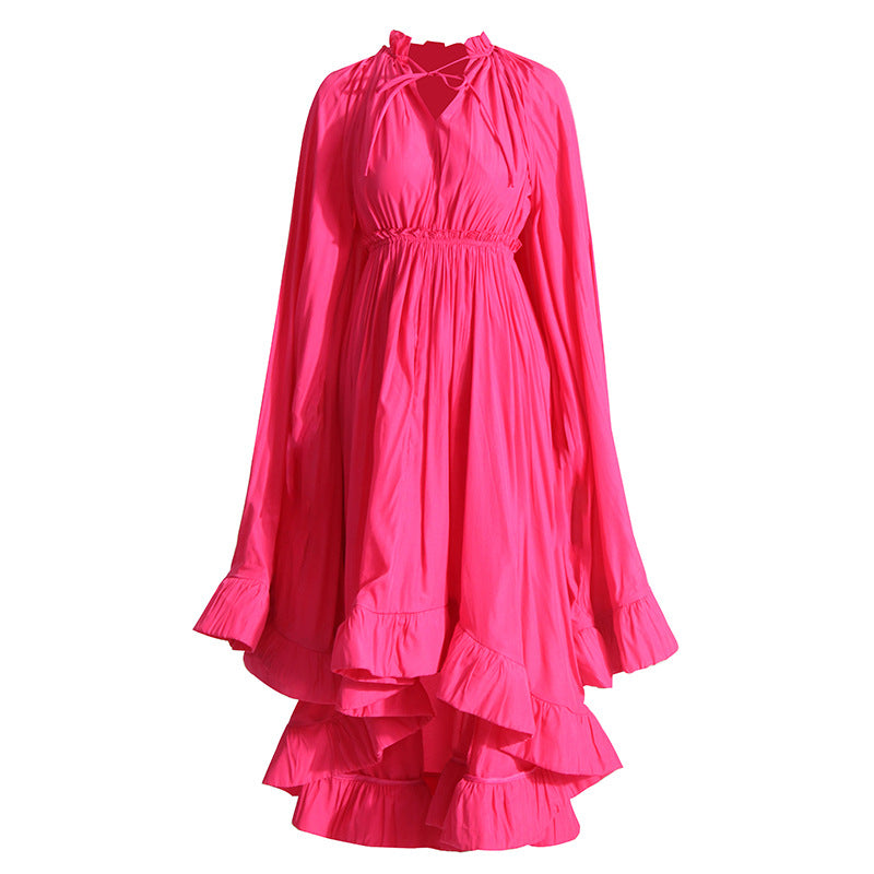 French Palace Style V-Neck Long Sleeve Shawl Pleated Ruffle Dress - MERGE.DAY.1.FREESTYLE