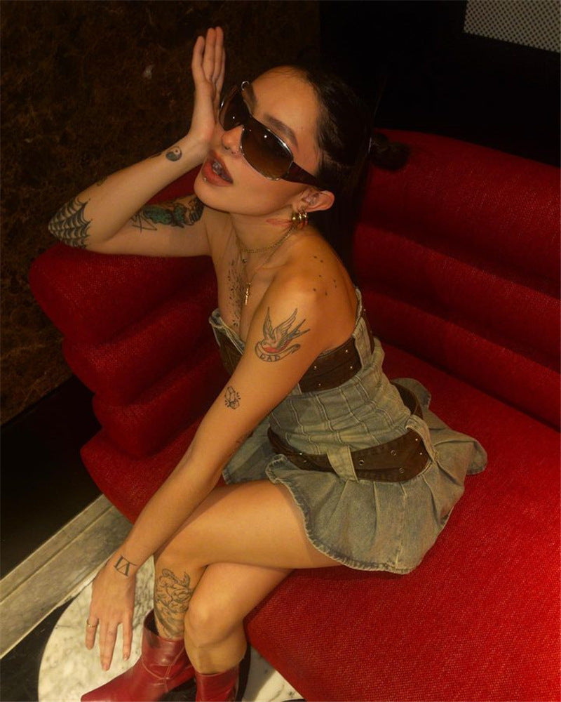2023 summer detachable belt denim pleated bandeau denim dress - MERGE.DAY.1.FREESTYLE