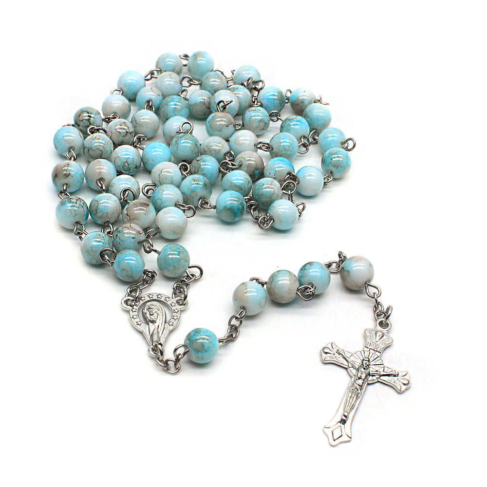 Zebra Blue Rosary Necklace Cross Necklace - MERGE.DAY.1.FREESTYLE