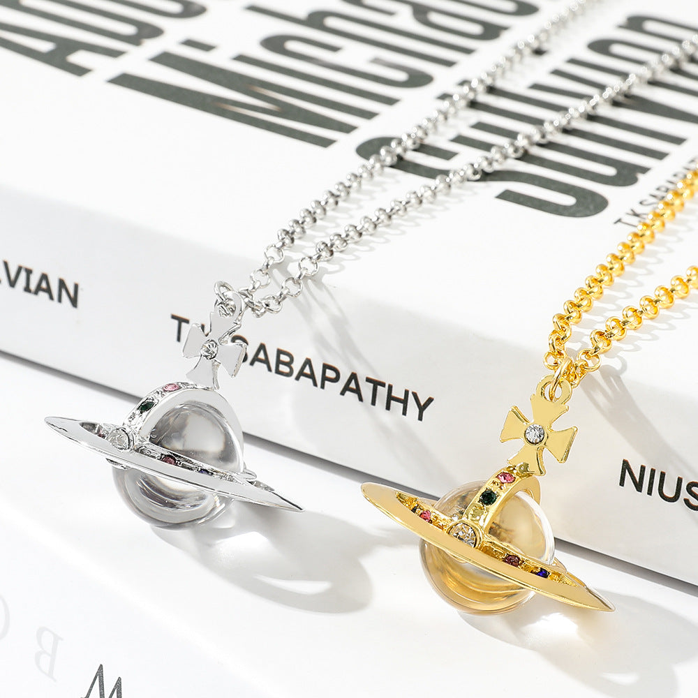 Saturn necklace, teardrop colored diamond earrings, Saturn earrings - MERGE.DAY.1.FREESTYLE