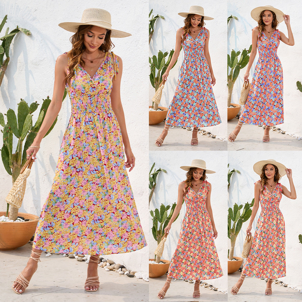 Spring and summer waist floral print waist dress V-neck strap dress - MERGE.DAY.1.FREESTYLE