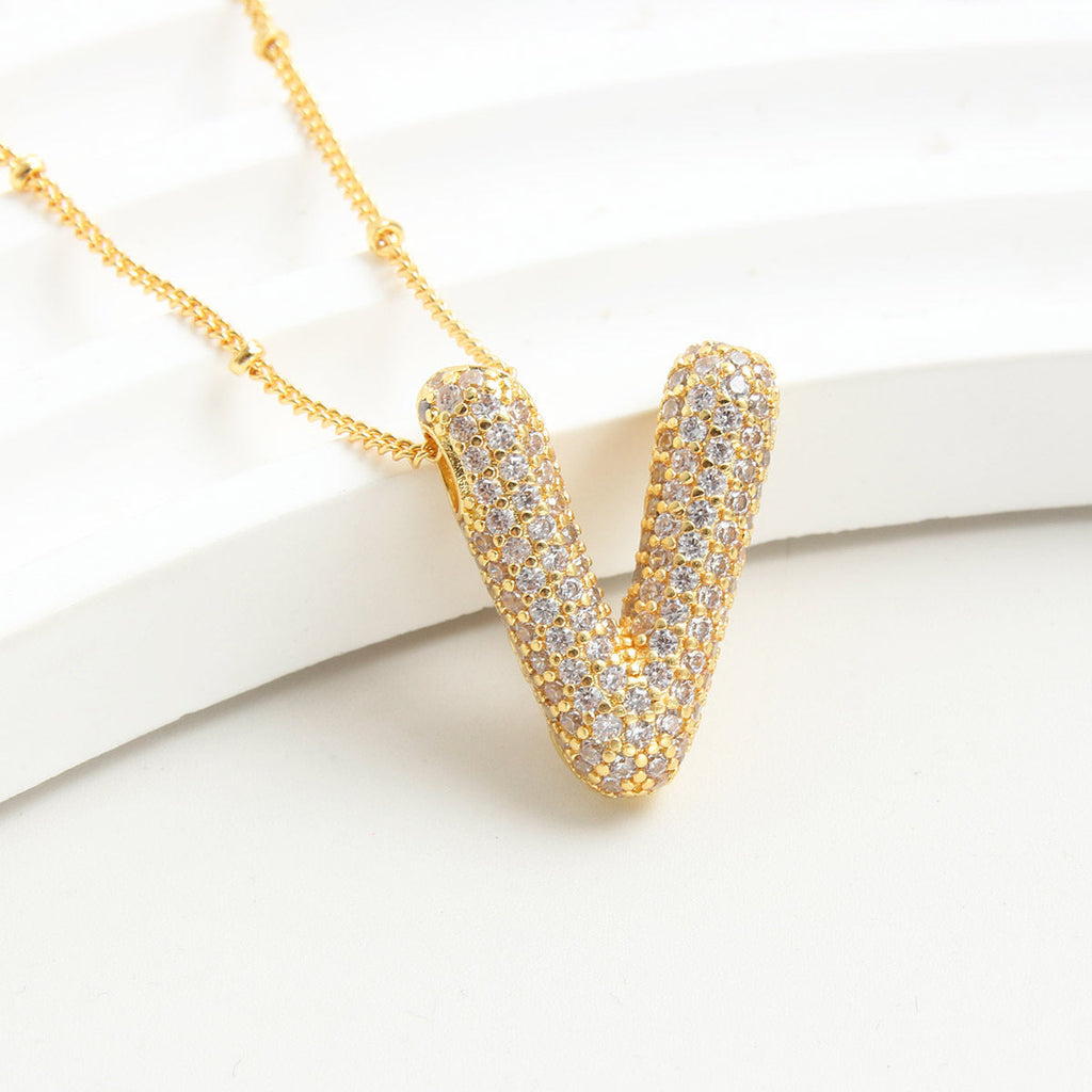 Bubble Initial Necklace 14k Gold Plated Cubic Zirconia - MERGE.DAY.1.FREESTYLE