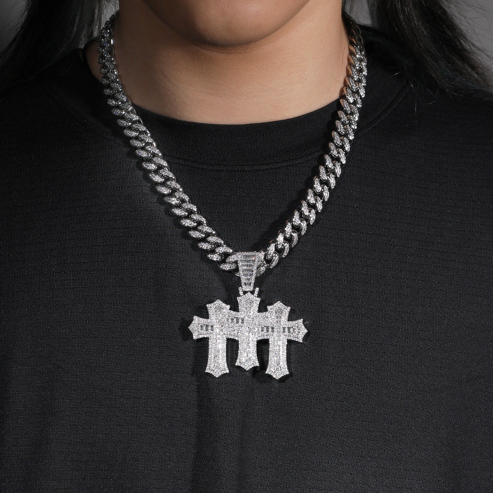 Hip-hop diamond-encrusted zircon three-cross Cuban necklace - MERGE.DAY.1.FREESTYLE