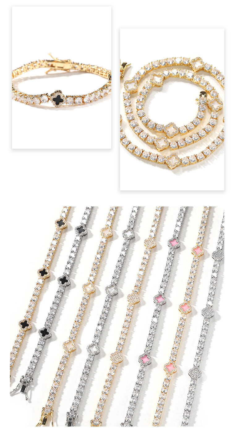 Hip-hop four-leaf clover diamond tennis chain necklace bracelet - MERGE.DAY.1.FREESTYLE