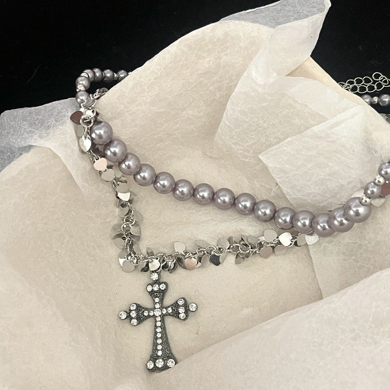 rosary necklace Gray pearl cross necklace - MERGE.DAY.1.FREESTYLE