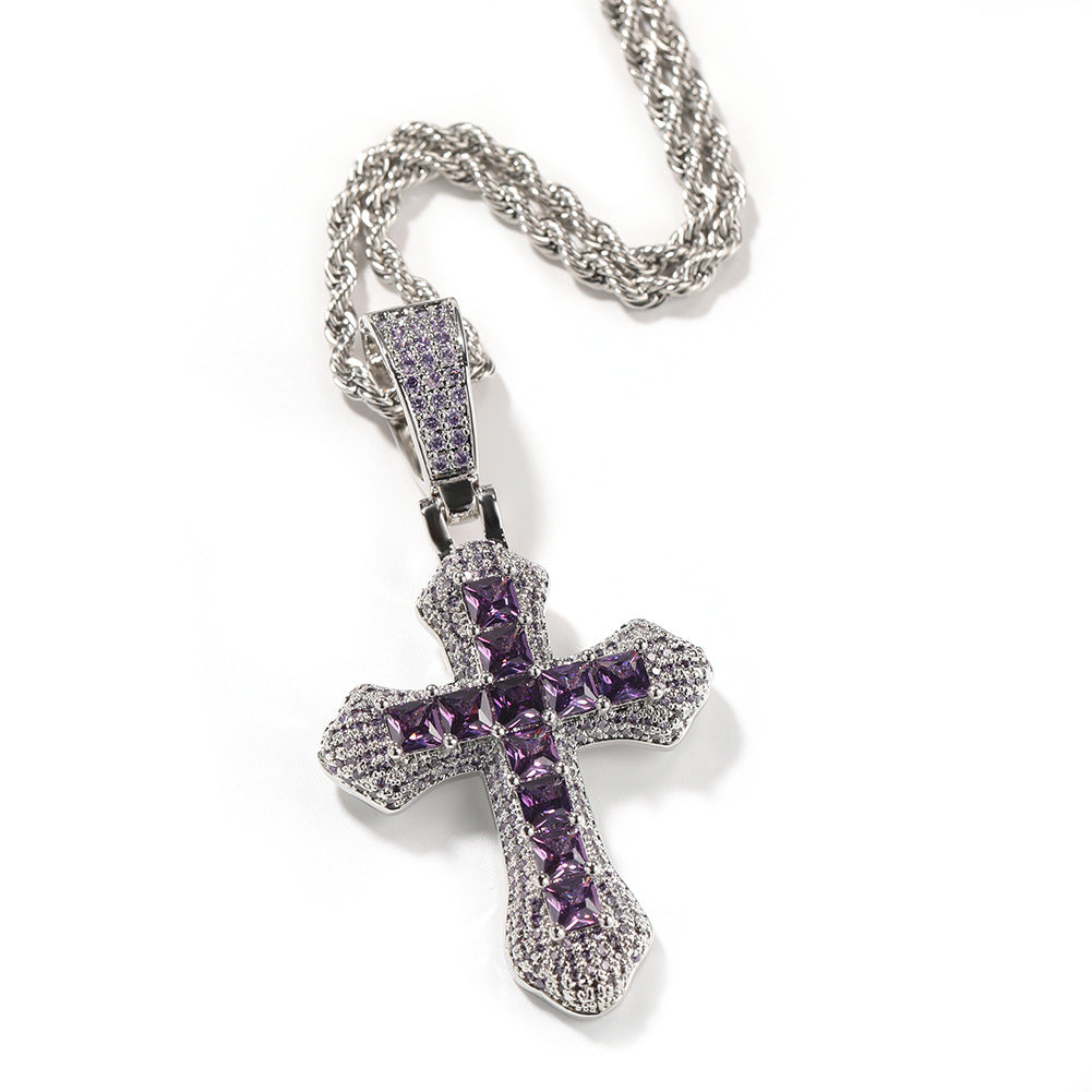 Hip Hop Cross Shape Copper Set Purple Zircon Pendant Jewelry Necklace - MERGE.DAY.1.FREESTYLE
