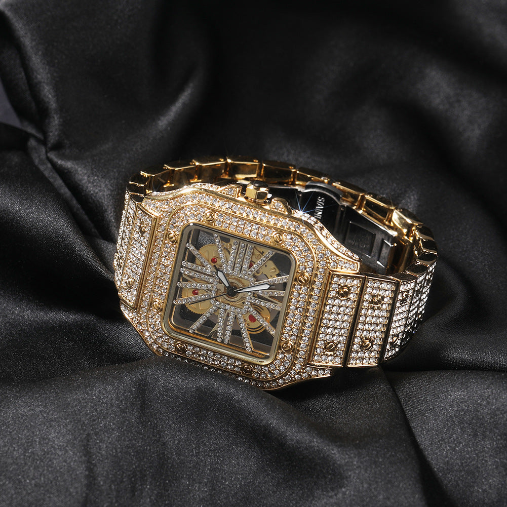 Hip-hop diamond-encrusted hollowed-out square watch - MERGE.DAY.1.FREESTYLE