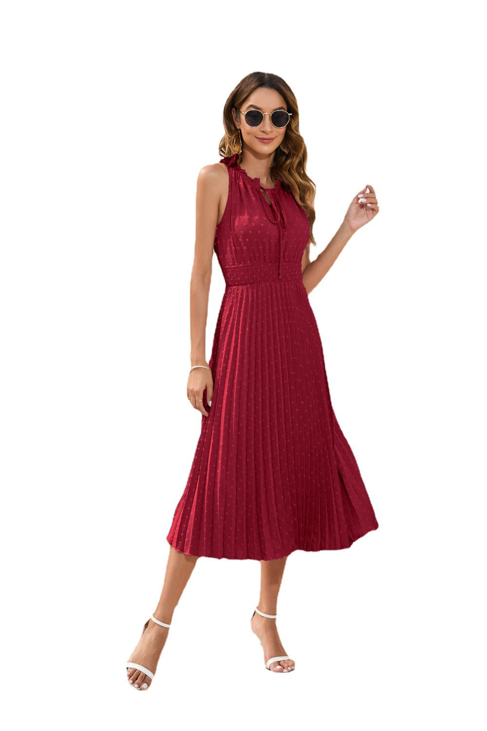 Tie High Waist Pleated Pom Dress Sleeveless Summer Dress - MERGE.DAY.1.FREESTYLE