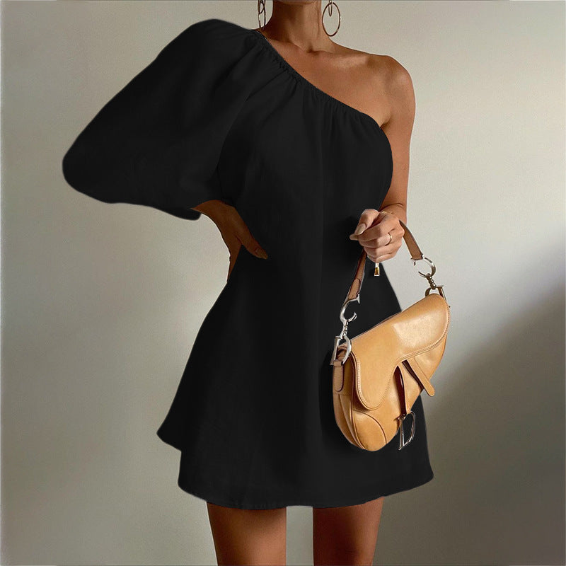 2023 Loose Slim Slanted Shoulder Short Dress - MERGE.DAY.1.FREESTYLE