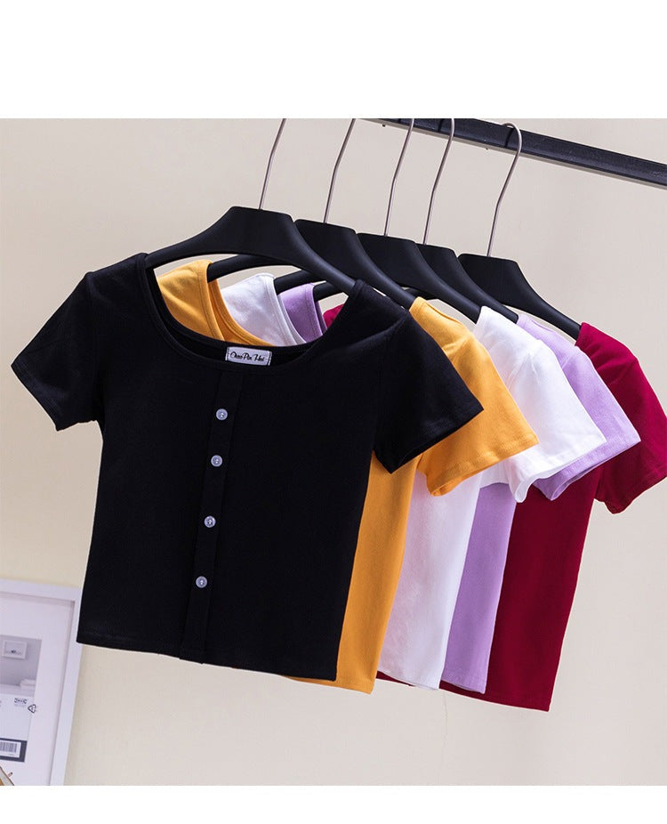 Collarbone Square Neck High Waist Navel T-Shirt Top - MERGE.DAY.1.FREESTYLE