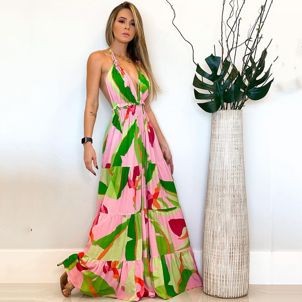 Spring and summer deep V backless dress Bohemian floral suspender dress - MERGE.DAY.1.FREESTYLE