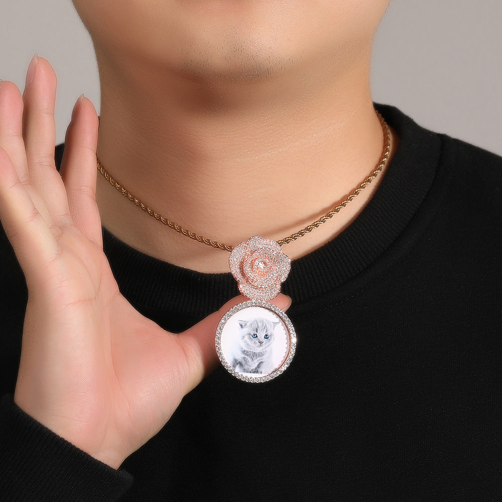 Copper Zircon Round DIY Photo Pendant Rose Button Diamond Necklace - MERGE.DAY.1.FREESTYLE