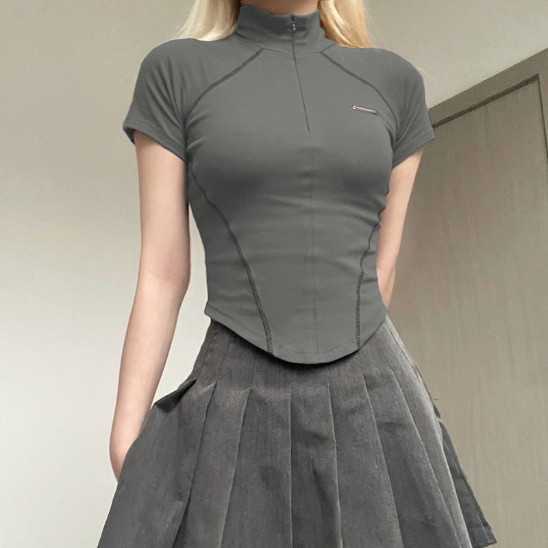 Invisible Zipper Stand Collar Short Sleeve Top Slim Fit Bottom T-Shirt - MERGE.DAY.1.FREESTYLE