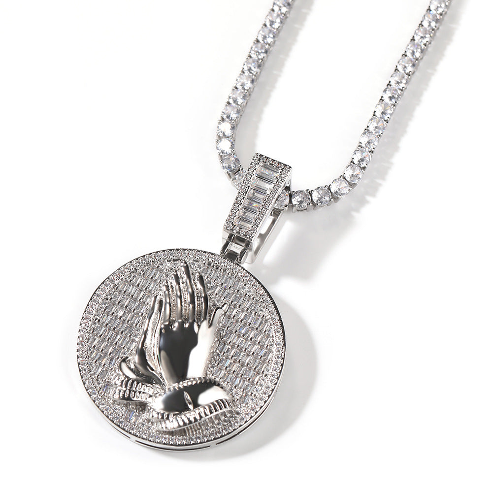 Hip-hop round disc zircon-encrusted praying hands pendant - MERGE.DAY.1.FREESTYLE