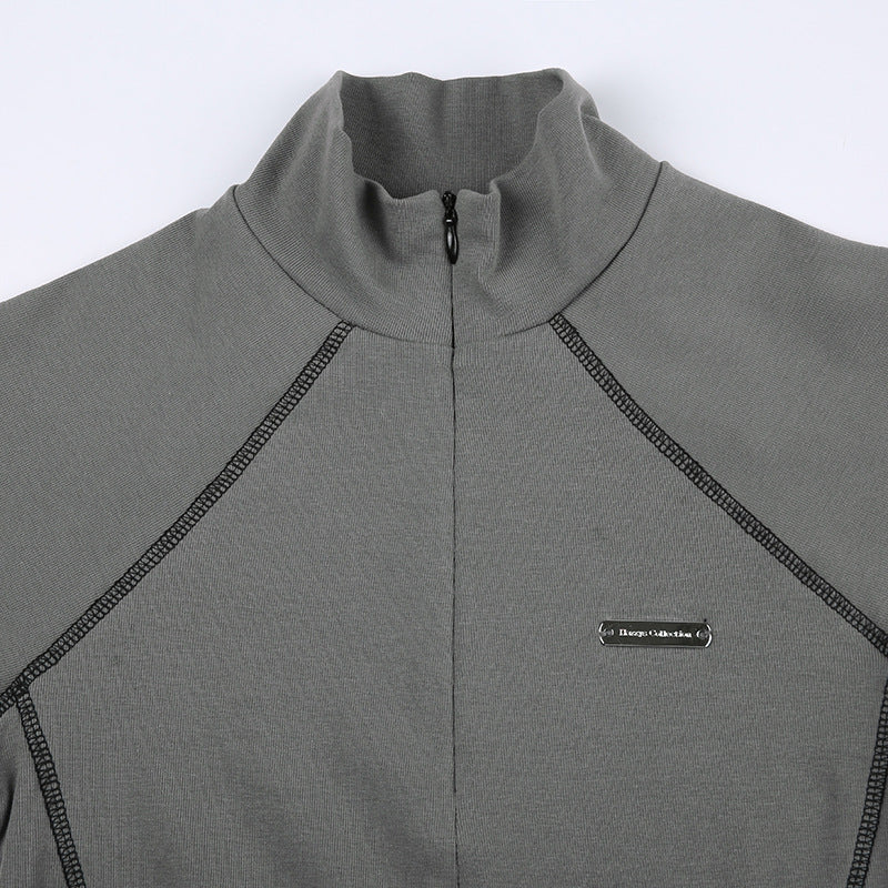Invisible Zipper Stand Collar Short Sleeve Top Slim Fit Bottom T-Shirt - MERGE.DAY.1.FREESTYLE