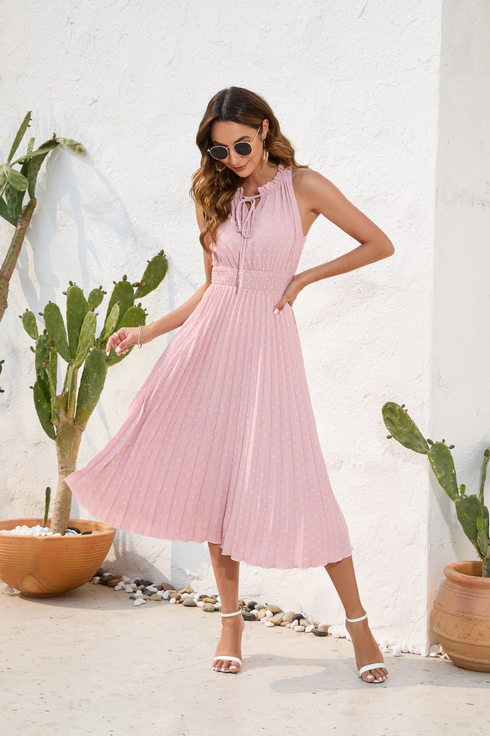 Tie High Waist Pleated Pom Dress Sleeveless Summer Dress - MERGE.DAY.1.FREESTYLE