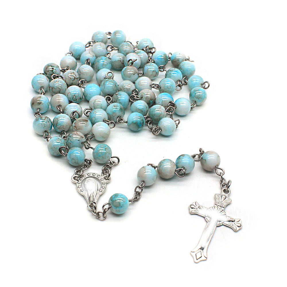 Zebra Blue Rosary Necklace Cross Necklace - MERGE.DAY.1.FREESTYLE