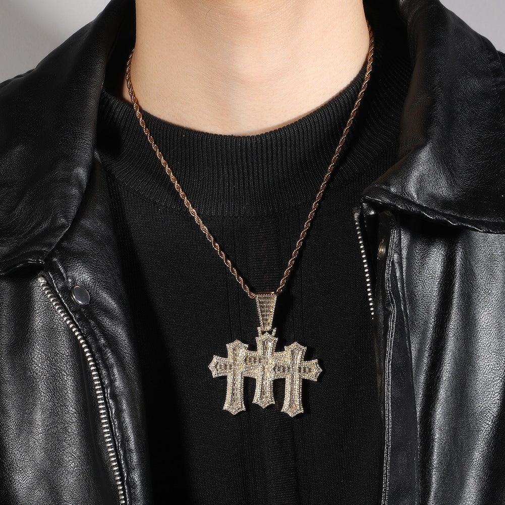 mens gold chain cross diamond-studded necklace - MERGE.DAY.1.FREESTYLE