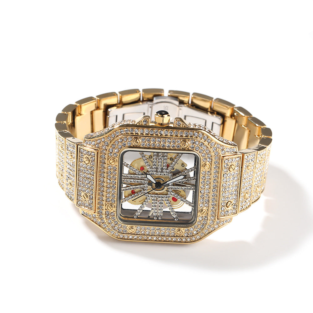 Hip-hop diamond-encrusted hollowed-out square watch - MERGE.DAY.1.FREESTYLE