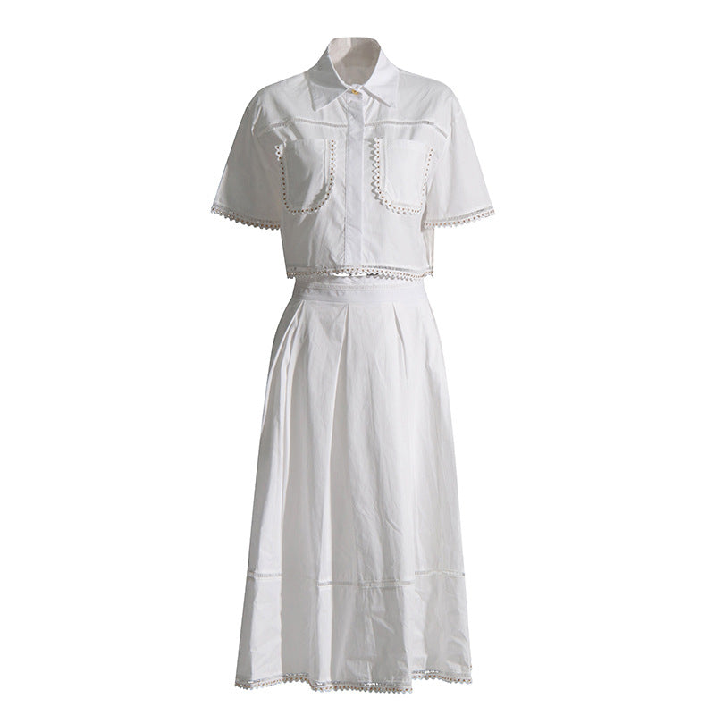 Lapel short-sleeved shirt + skirt lace embroidery two-piece suit for women - MERGE.DAY.1.FREESTYLE