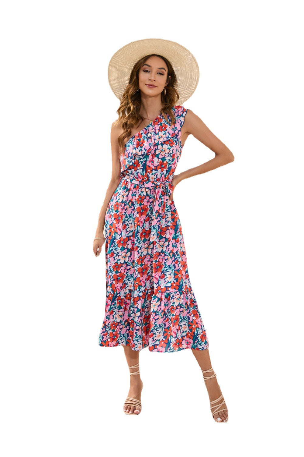 Slanted Shoulder Strap Floral Print Dress Casual Holiday Swing Dress - MERGE.DAY.1.FREESTYLE