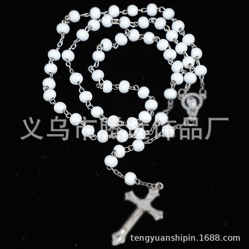 rosary necklace white wooden beads necklace - MERGE.DAY.1.FREESTYLE