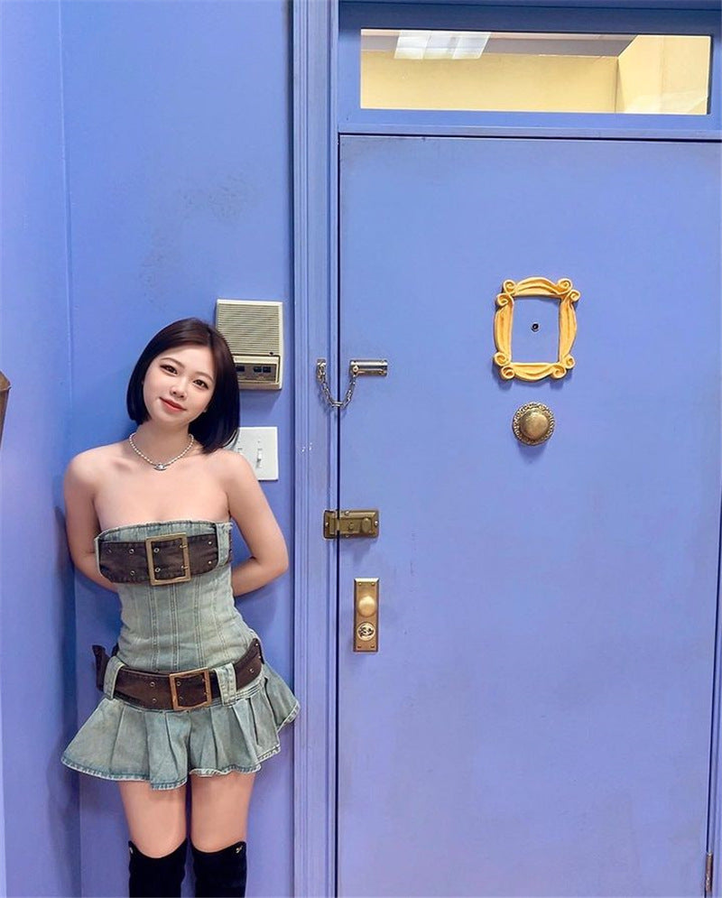 2023 summer detachable belt denim pleated bandeau denim dress - MERGE.DAY.1.FREESTYLE