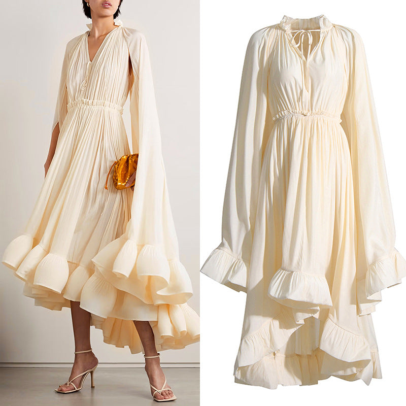 French Palace Style V-Neck Long Sleeve Shawl Pleated Ruffle Dress - MERGE.DAY.1.FREESTYLE