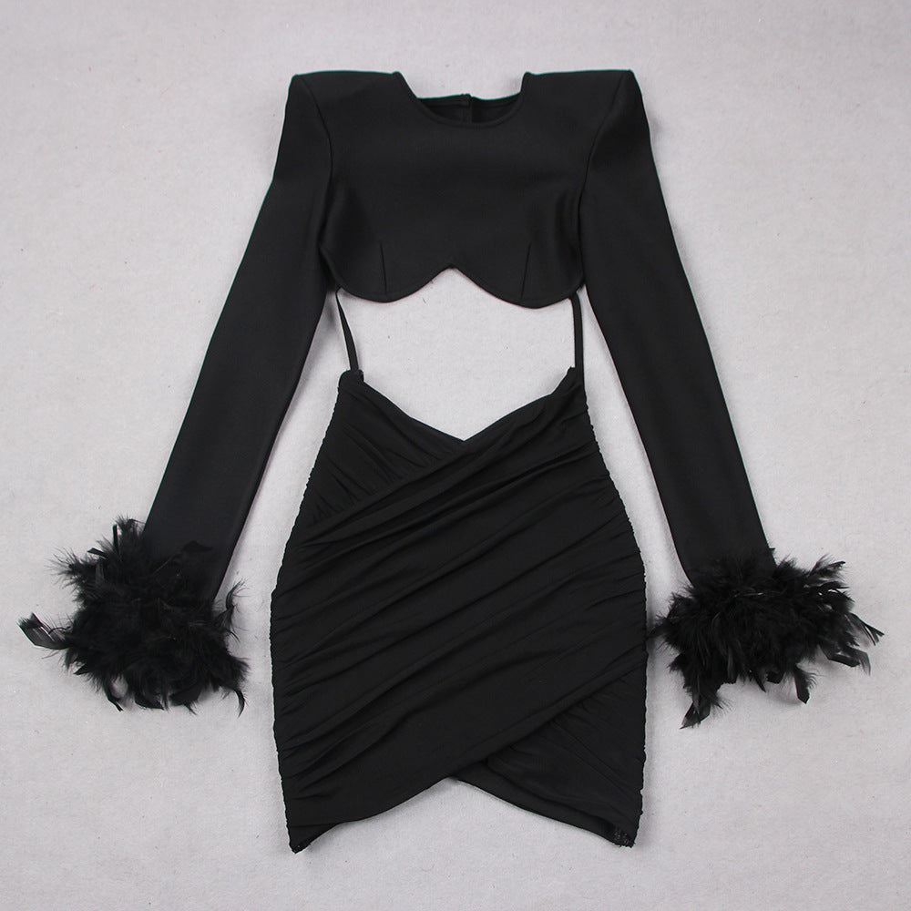 Commuting temperament feather long-sleeved dress French dress - MERGE.DAY.1.FREESTYLE