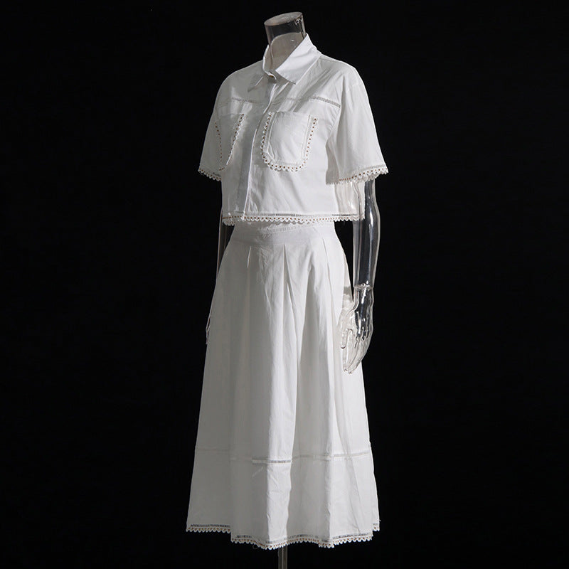 Lapel short-sleeved shirt + skirt lace embroidery two-piece suit for women - MERGE.DAY.1.FREESTYLE