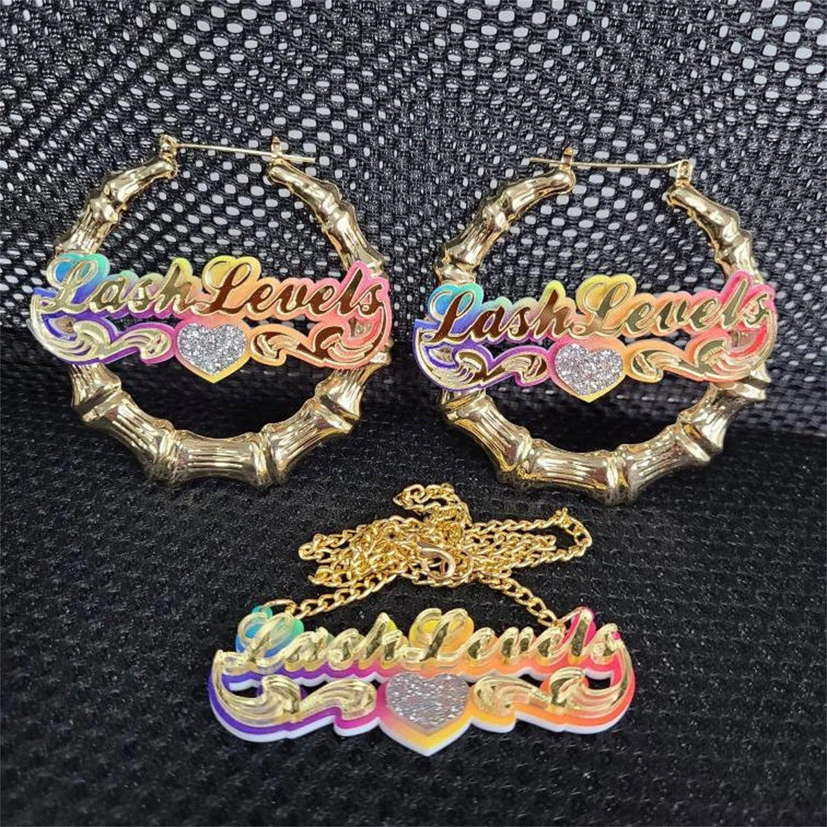 Acrylic Rainbow Gradient Name Necklace Bamboo Earring Set - MERGE.DAY.1.FREESTYLE